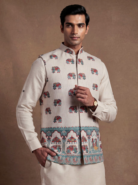 Beige royal elephant procession printed waistcoat set