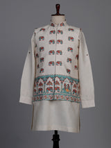Beige royal elephant procession printed waistcoat set