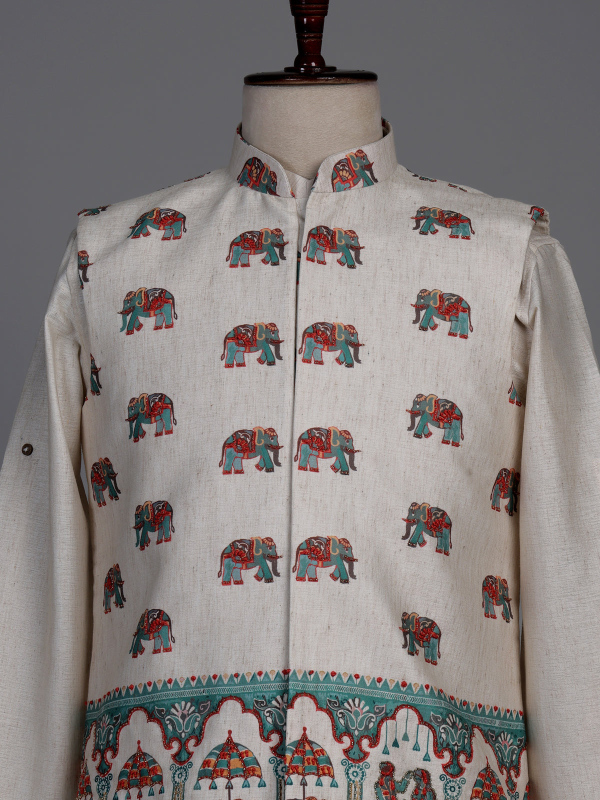 Beige royal elephant procession printed waistcoat set