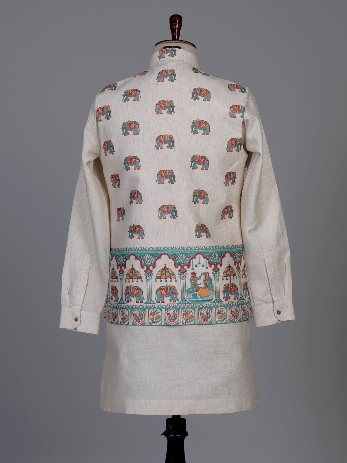 Beige royal elephant procession printed waistcoat set