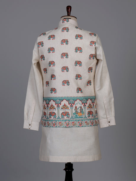 Beige royal elephant procession printed waistcoat set