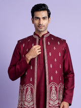 Maroon Kashmiri paisley embroidered Nehru waistcoat set