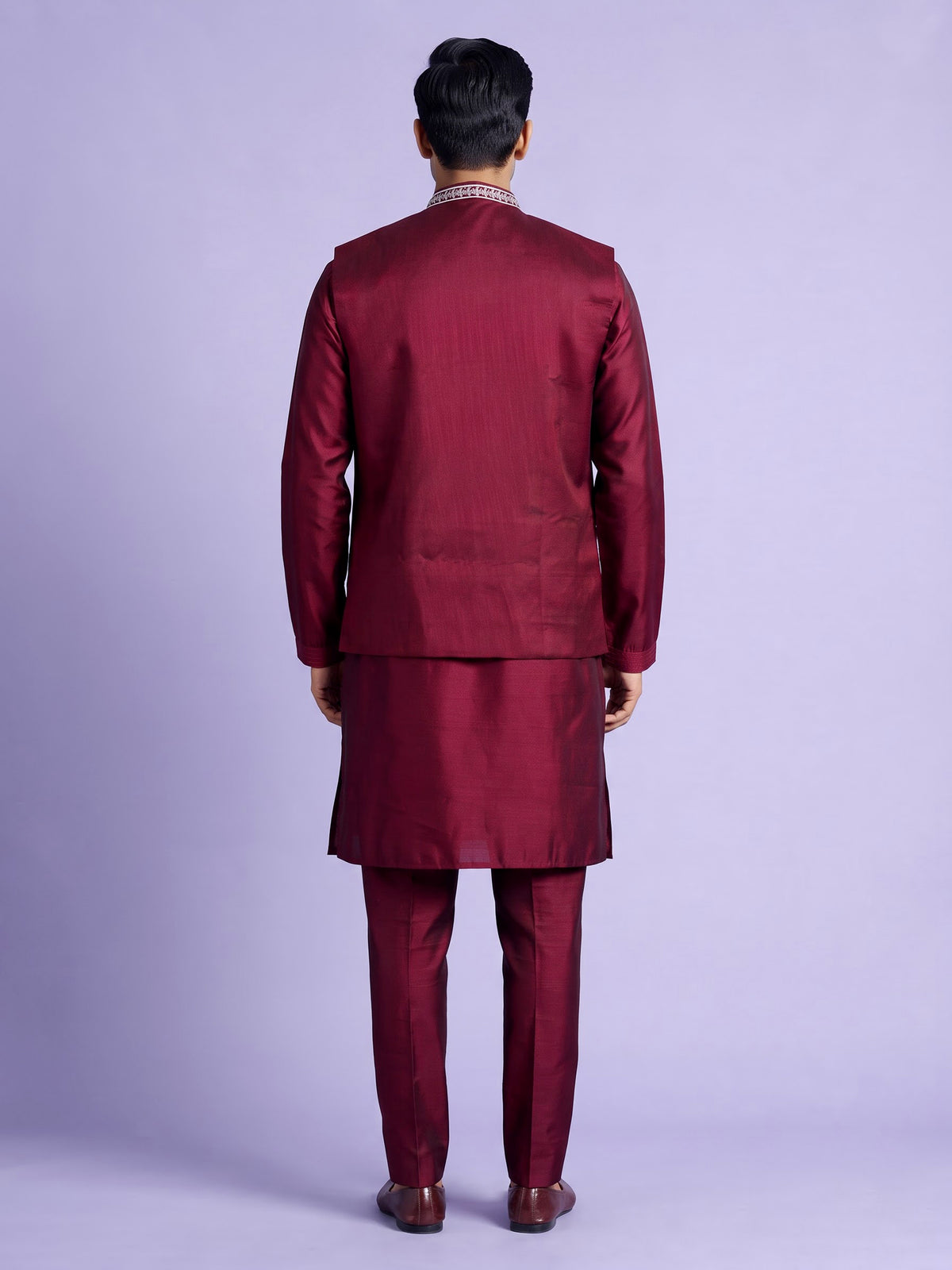Maroon Kashmiri paisley embroidered Nehru waistcoat set