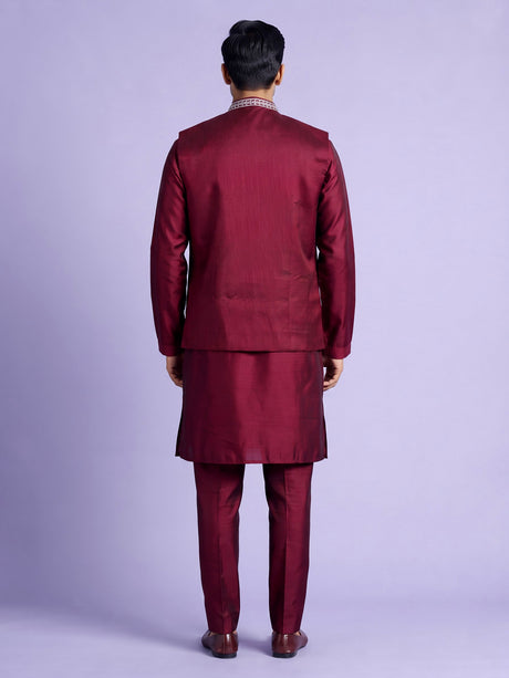 Maroon Kashmiri paisley embroidered Nehru waistcoat set