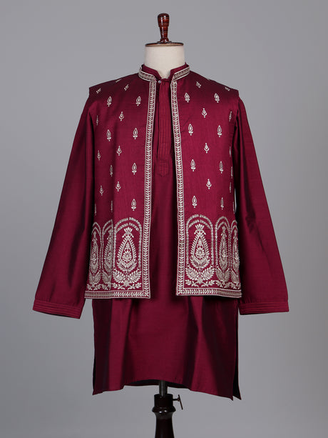 Maroon Kashmiri paisley embroidered Nehru waistcoat set