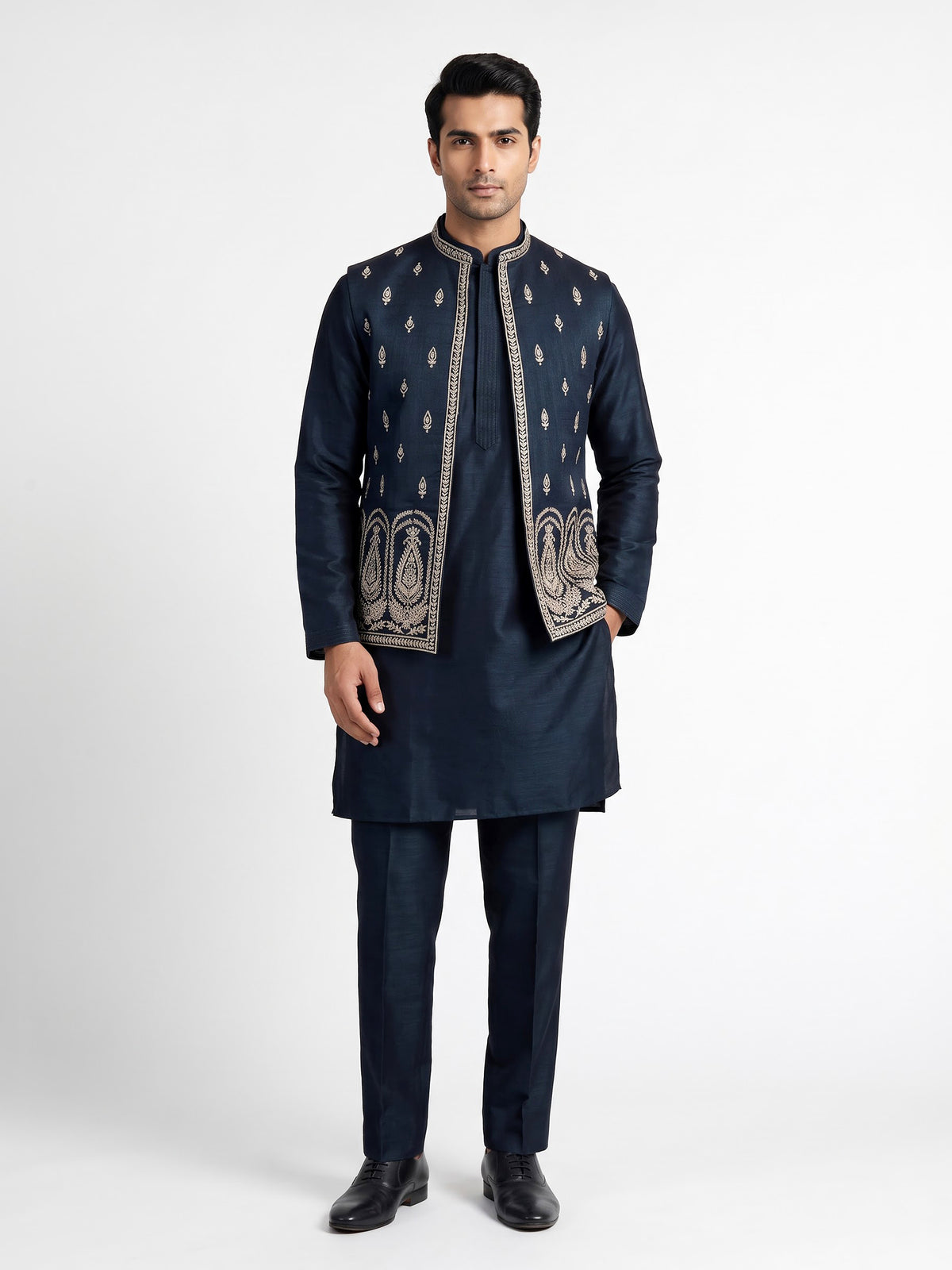 Midnight teal blue Kashmiri paisley embroidered waistcoat set
