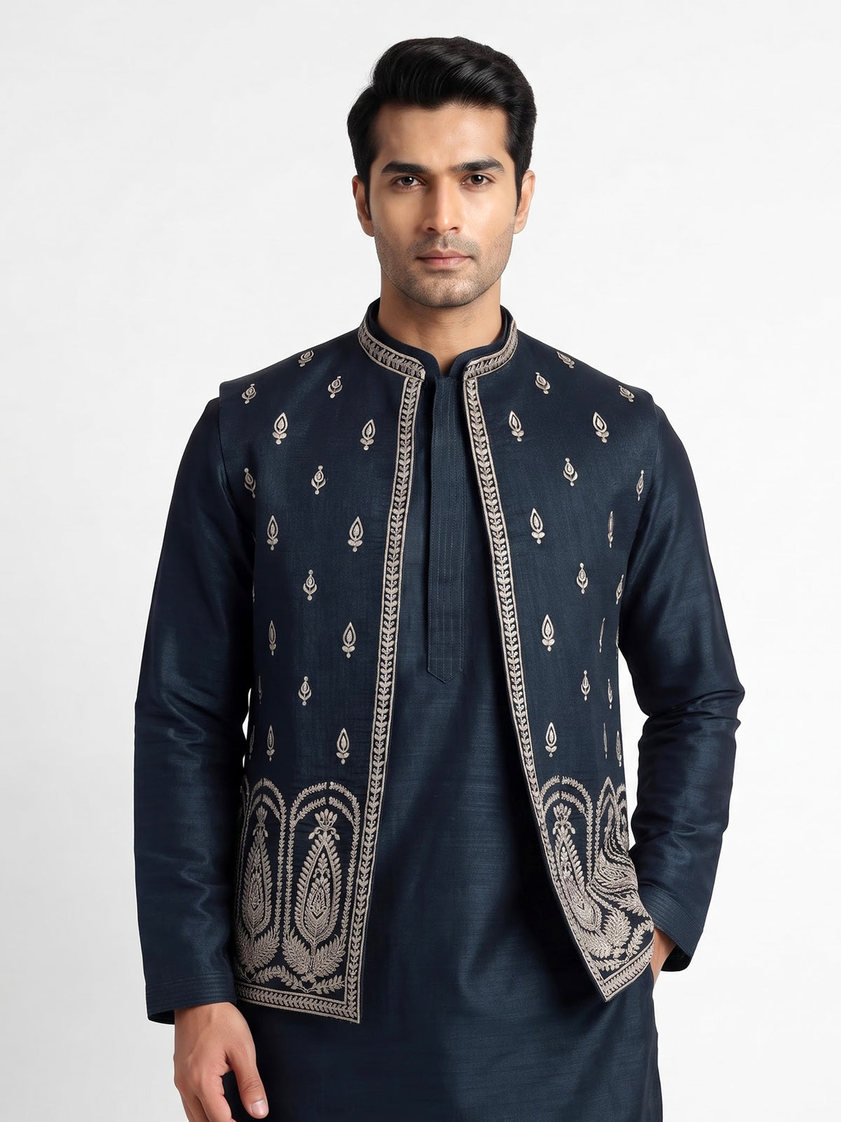 Midnight teal blue Kashmiri paisley embroidered waistcoat set