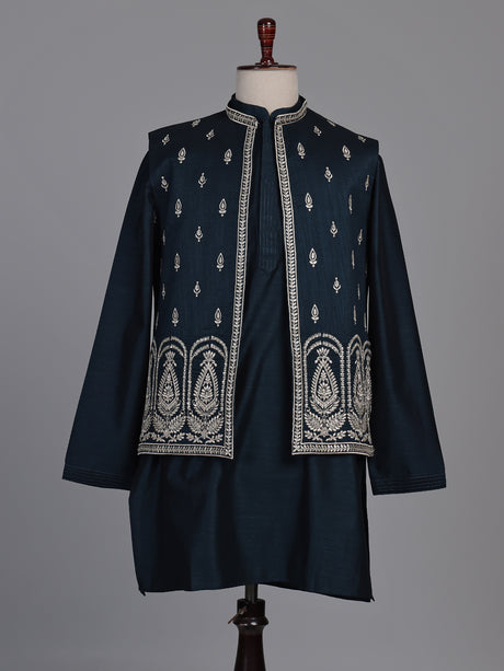 Midnight teal blue Kashmiri paisley embroidered waistcoat set