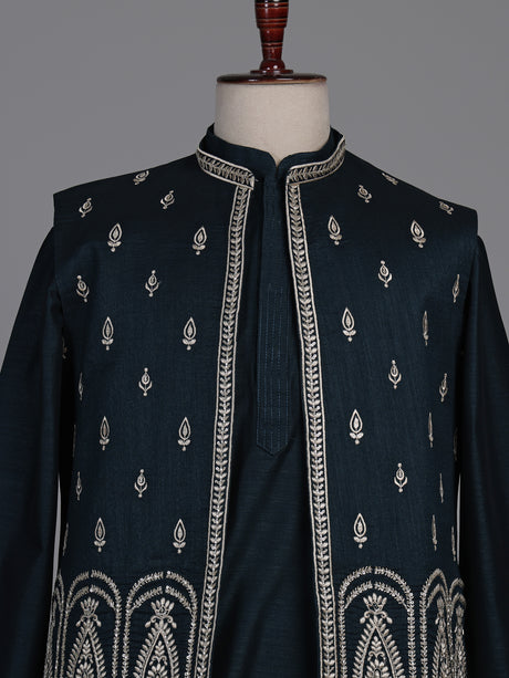 Midnight teal blue Kashmiri paisley embroidered waistcoat set