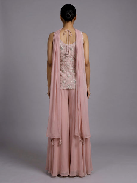 Peach organza and crepe embellished palazzo suit