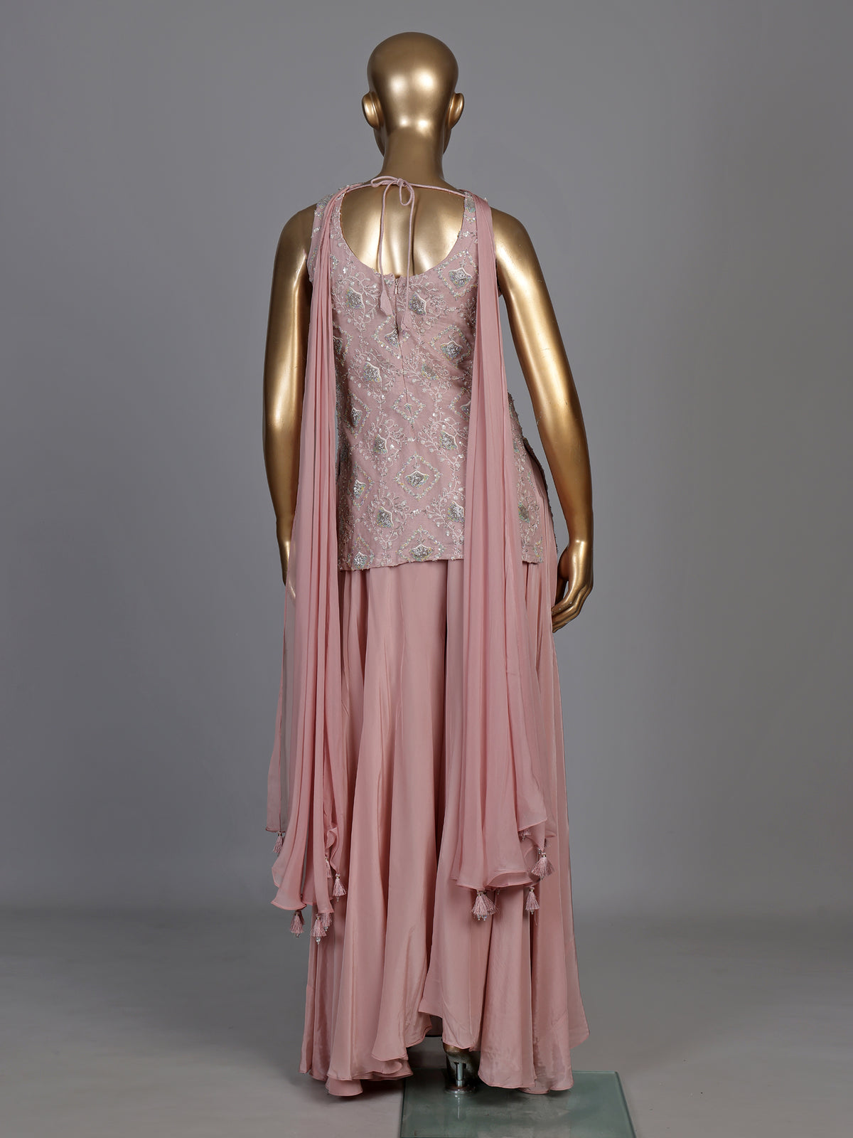Peach organza and crepe embellished palazzo suit