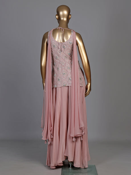 Peach organza and crepe embellished palazzo suit