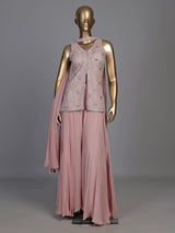 Peach organza and crepe embellished palazzo suit