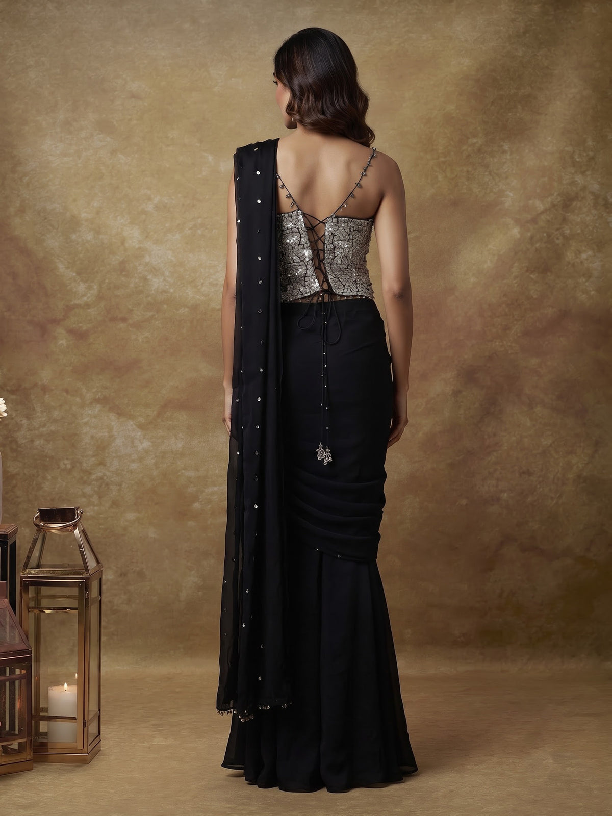 Midnight black georgette indowestern with embellished blouse and attached dupatta