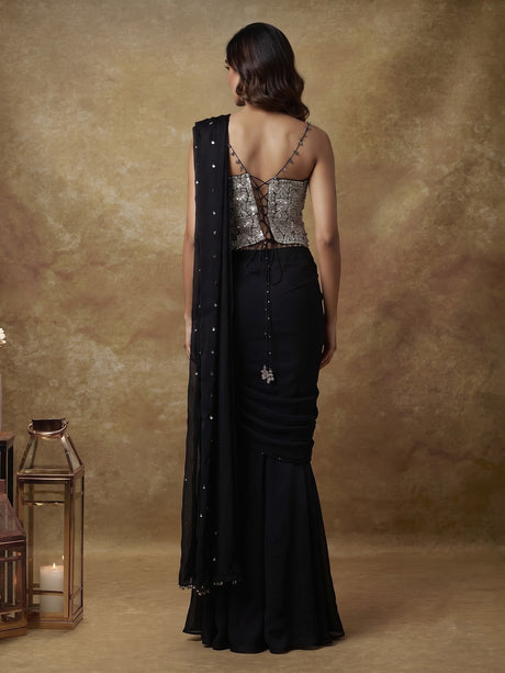 Midnight black georgette indowestern with embellished blouse and attached dupatta