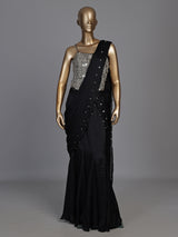 Midnight black georgette indowestern with embellished blouse and attached dupatta