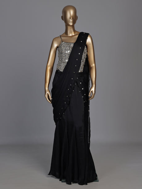Midnight black georgette indowestern with embellished blouse and attached dupatta