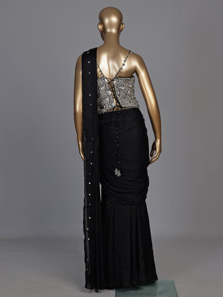 Midnight black georgette indowestern with embellished blouse and attached dupatta