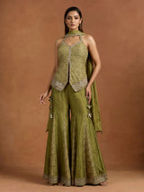 Regal mehendi green silk palazzo suit with zardosi detailing