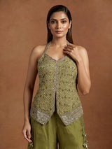Regal mehendi green silk palazzo suit with zardosi detailing