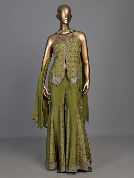 Regal mehendi green silk palazzo suit with zardosi detailing