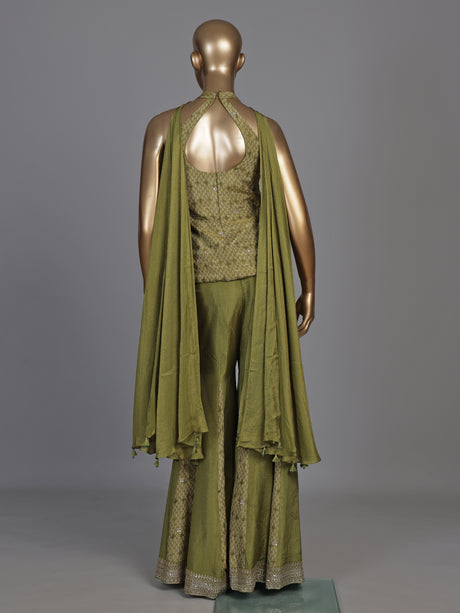 Regal mehendi green silk palazzo suit with zardosi detailing