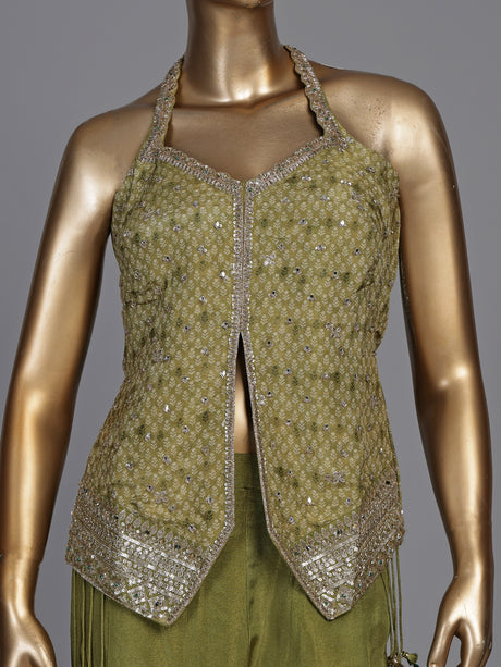 Regal mehendi green silk palazzo suit with zardosi detailing