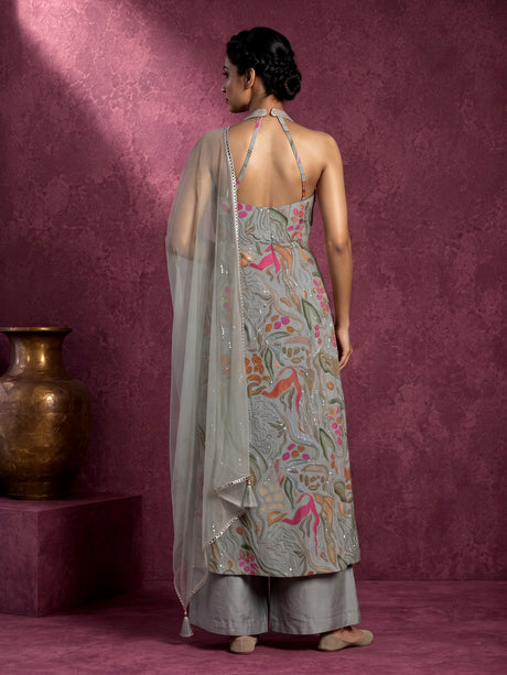 Elegant dusty mint blue anarkali suit with mirror embellishments