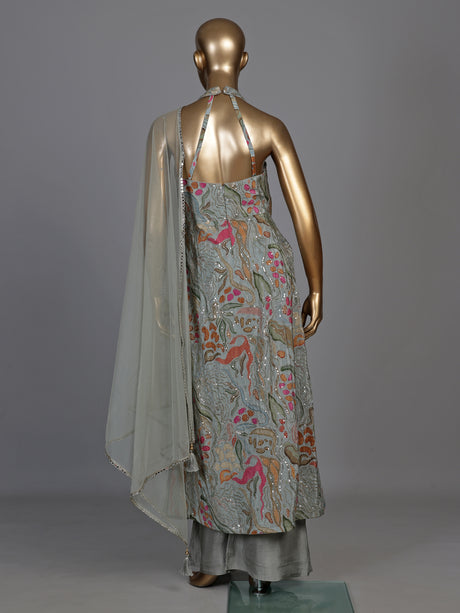 Elegant dusty mint blue anarkali suit with mirror embellishments