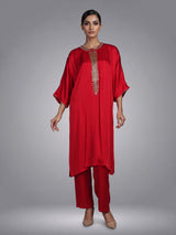 Vibrant red modal satin kurti set with cutdana detailing