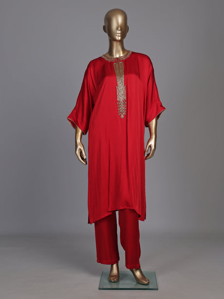 Vibrant red modal satin kurti set with cutdana detailing