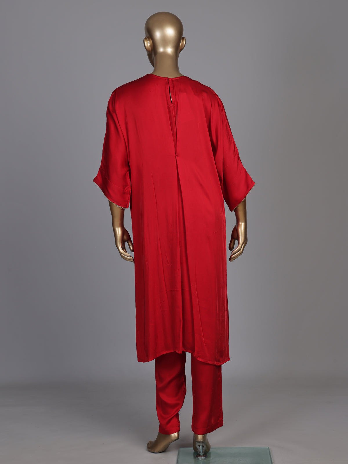 Vibrant red modal satin kurti set with cutdana detailing