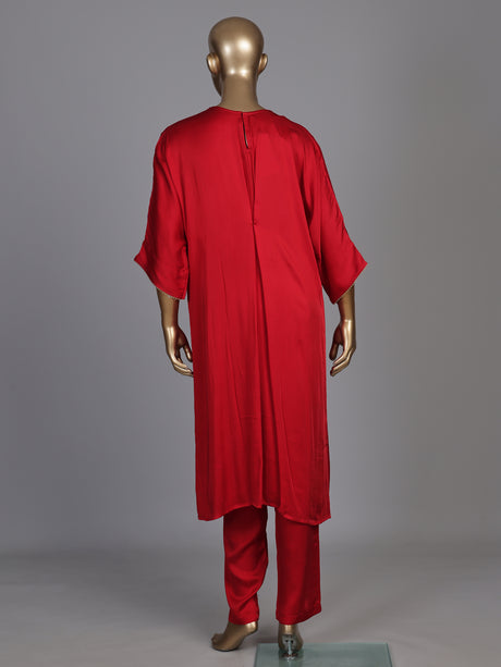 Vibrant red modal satin kurti set with cutdana detailing