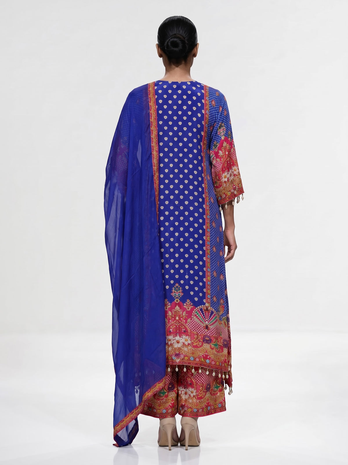 Royal blue pure crepe kurti set with embellished yoke