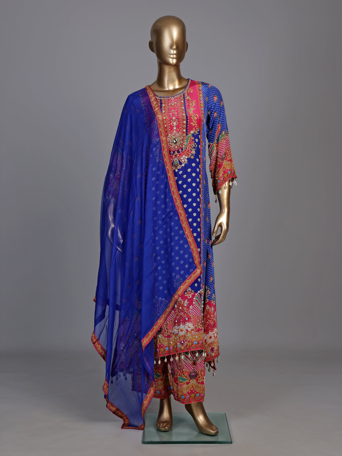 Royal blue pure crepe kurti set with embellished yoke