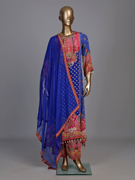 Royal blue pure crepe kurti set with embellished yoke
