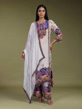 Elegant off-white pure crepe kurti set with zardosi embellishments