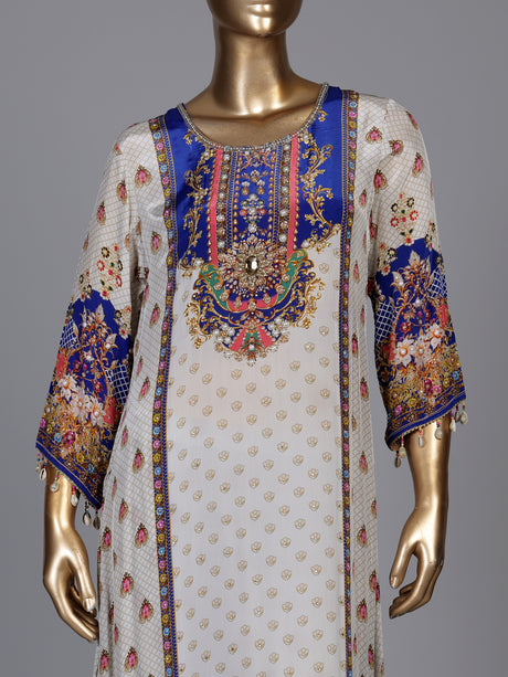 Elegant off-white pure crepe kurti set with zardosi embellishments