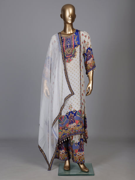 Elegant off-white pure crepe kurti set with zardosi embellishments