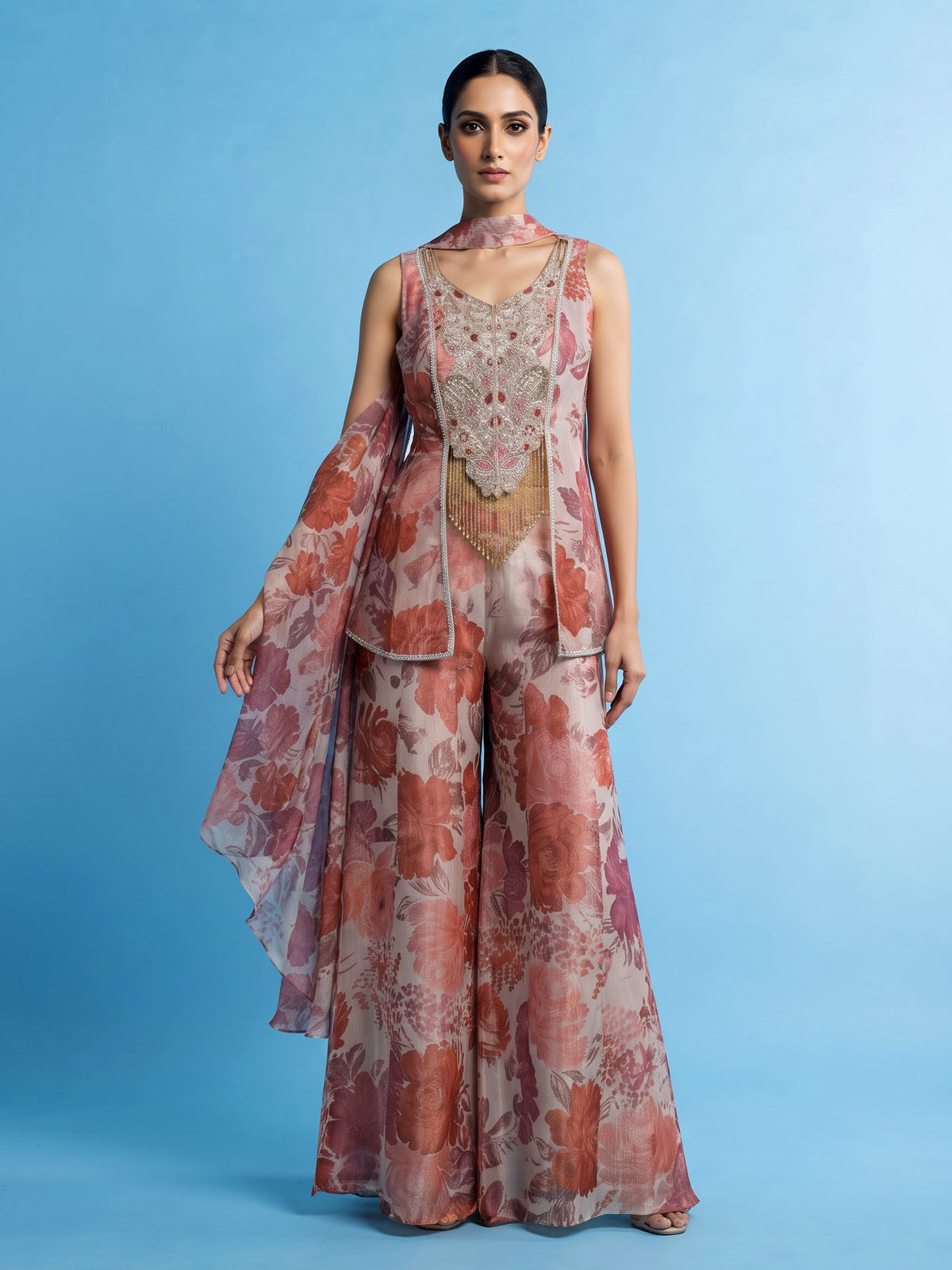 Onion pink floral jacquard palazzo suit with zardosi embellishments