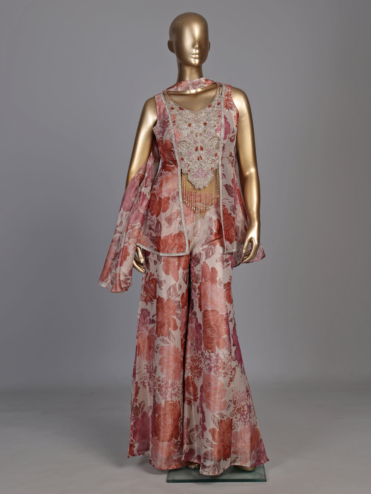 Onion pink floral jacquard palazzo suit with zardosi embellishments