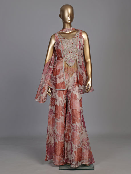 Onion pink floral jacquard palazzo suit with zardosi embellishments