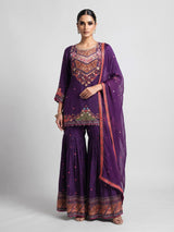 Dark purple satin crepe sharara suit with embellished yoke