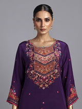 Dark purple satin crepe sharara suit with embellished yoke