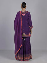 Dark purple satin crepe sharara suit with embellished yoke
