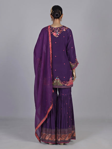 Dark purple satin crepe sharara suit with embellished yoke