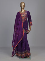 Dark purple satin crepe sharara suit with embellished yoke