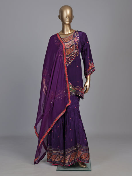 Dark purple satin crepe sharara suit with embellished yoke