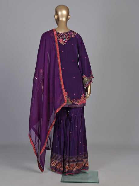 Dark purple satin crepe sharara suit with embellished yoke