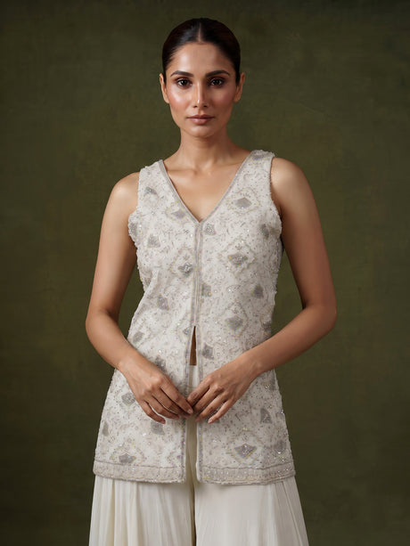 Cream organza and crepe embellished palazzo suit